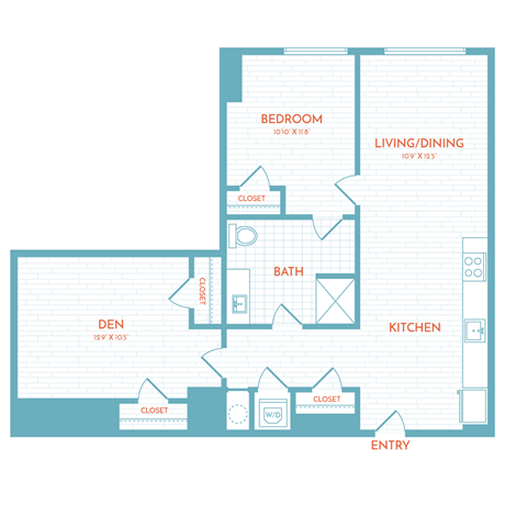 Floor plan for 1 bed, 1 bath, 866 sqft